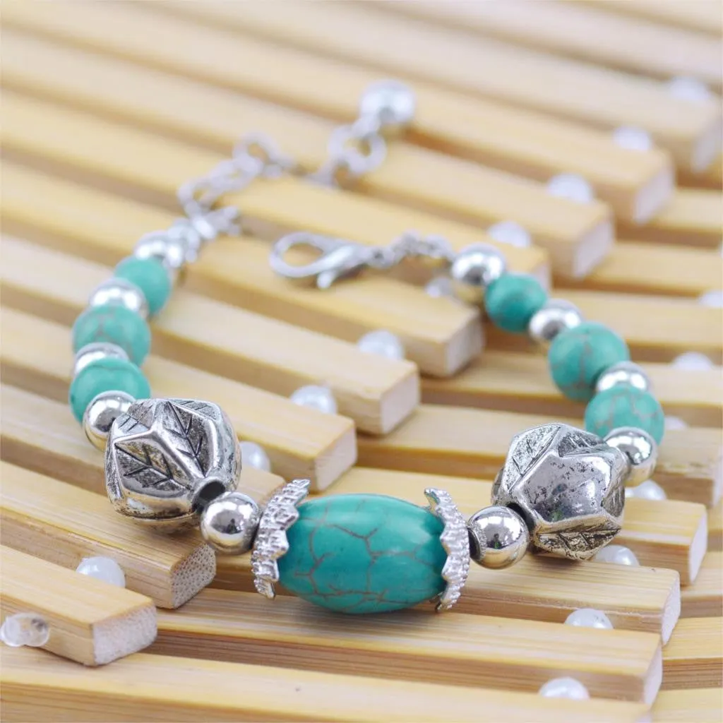 New Tibetan Silver Color Turquoise Bracelets & Bangles Inlay Roundness Bead Nation Bohemian Bracelets For Women Fine Jewelry