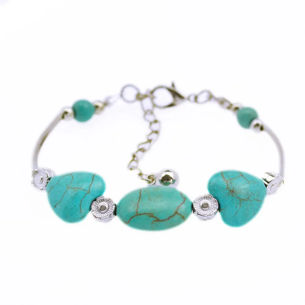 New Tibetan Silver Color Turquoise Bracelets & Bangles Inlay Roundness Bead Nation Bohemian Bracelets For Women Fine Jewelry