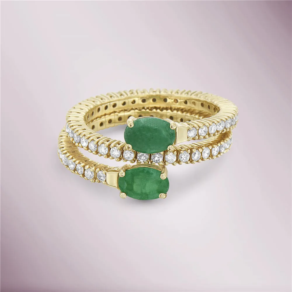 Oval Cut Emerald & Diamond Flexible Double Band Ring (1.56 ct.) 4-Prongs Setting in 14K Gold