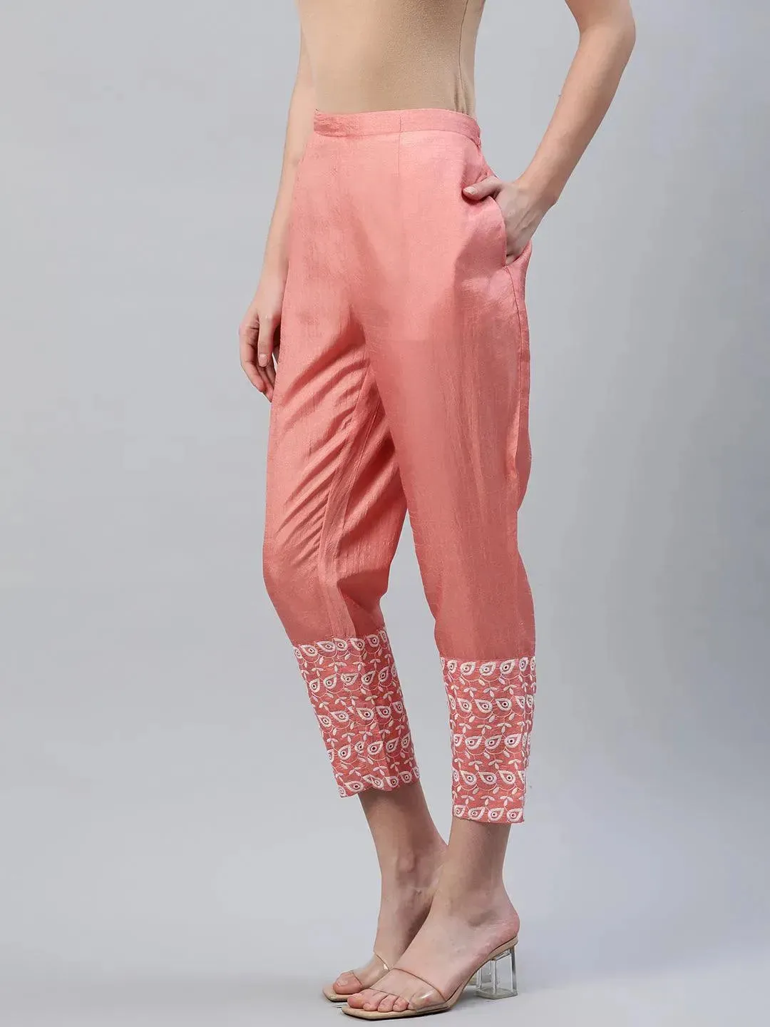 Peach Embroidered Silk Trousers