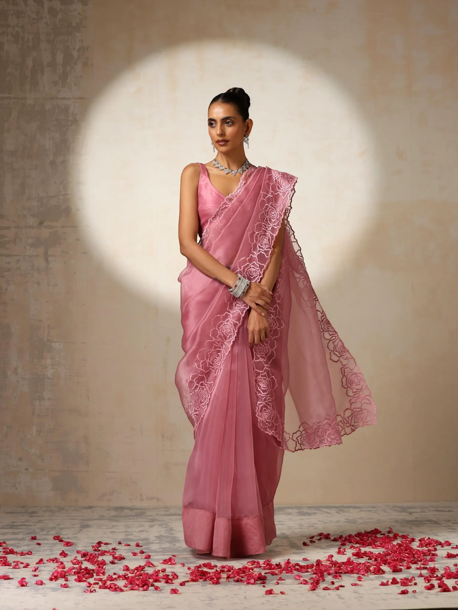 Pink Disney Princess Organza Saree with Embroidery and Blouse Fabric