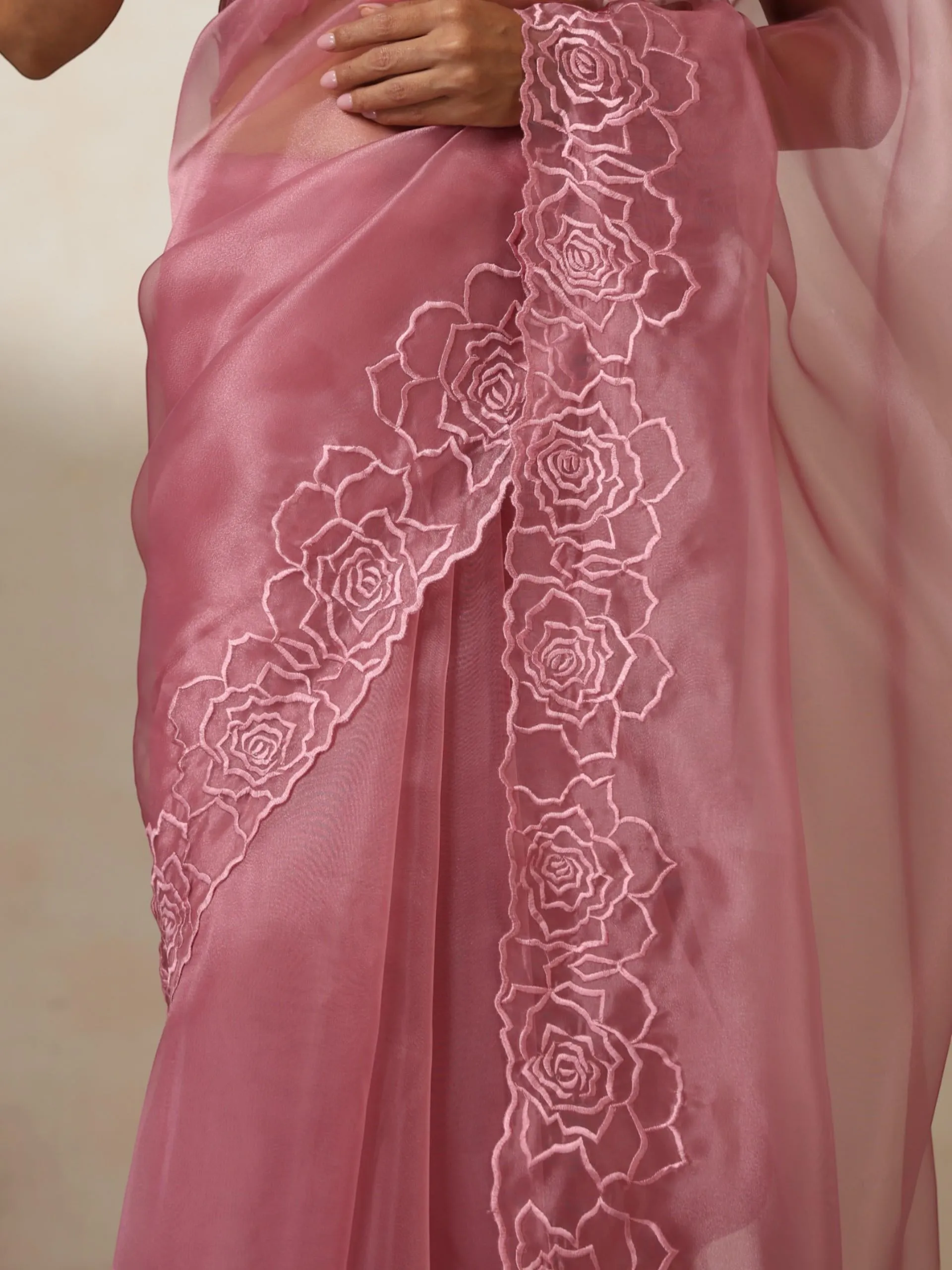 Pink Disney Princess Organza Saree with Embroidery and Blouse Fabric