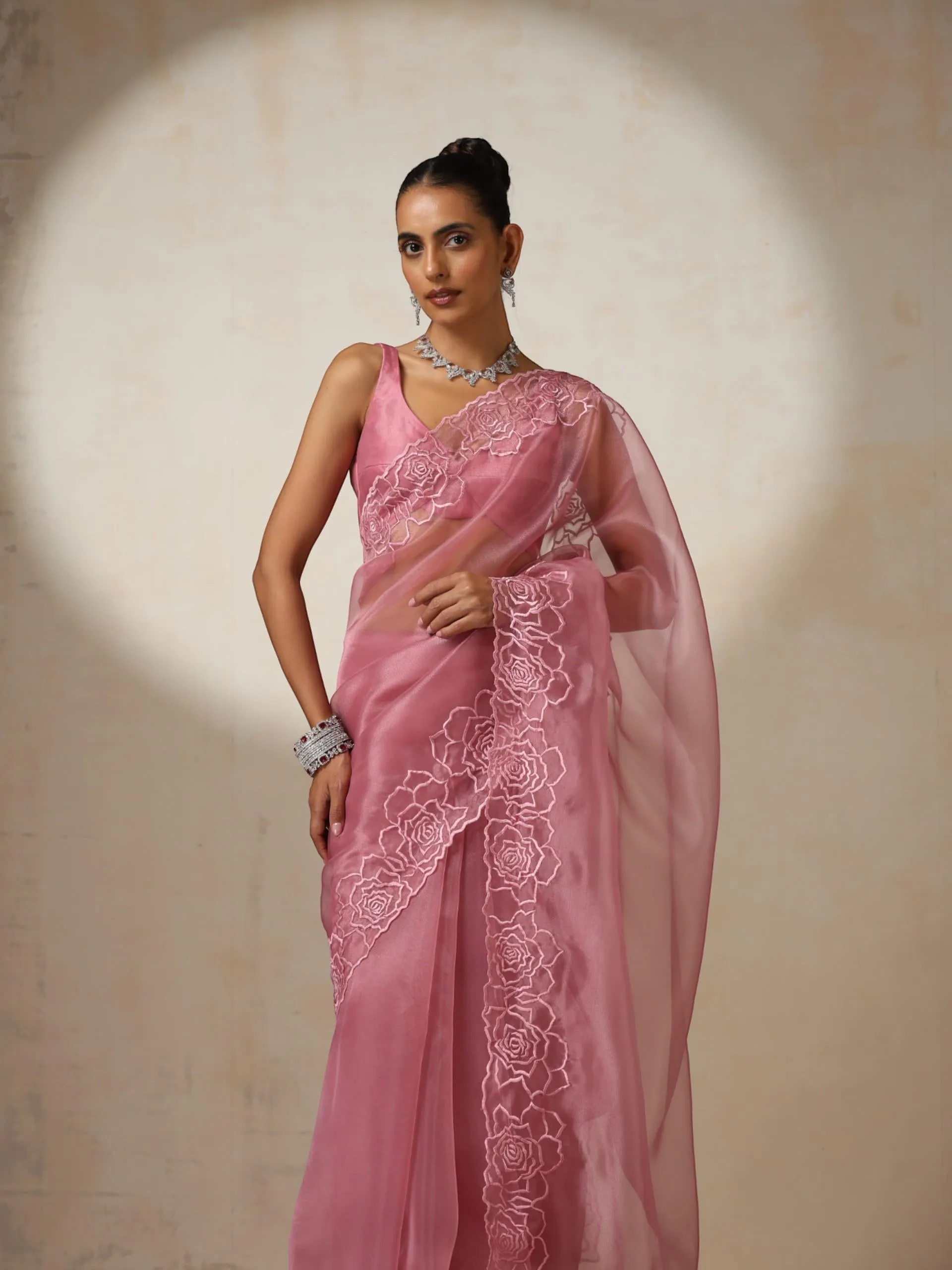 Pink Disney Princess Organza Saree with Embroidery and Blouse Fabric