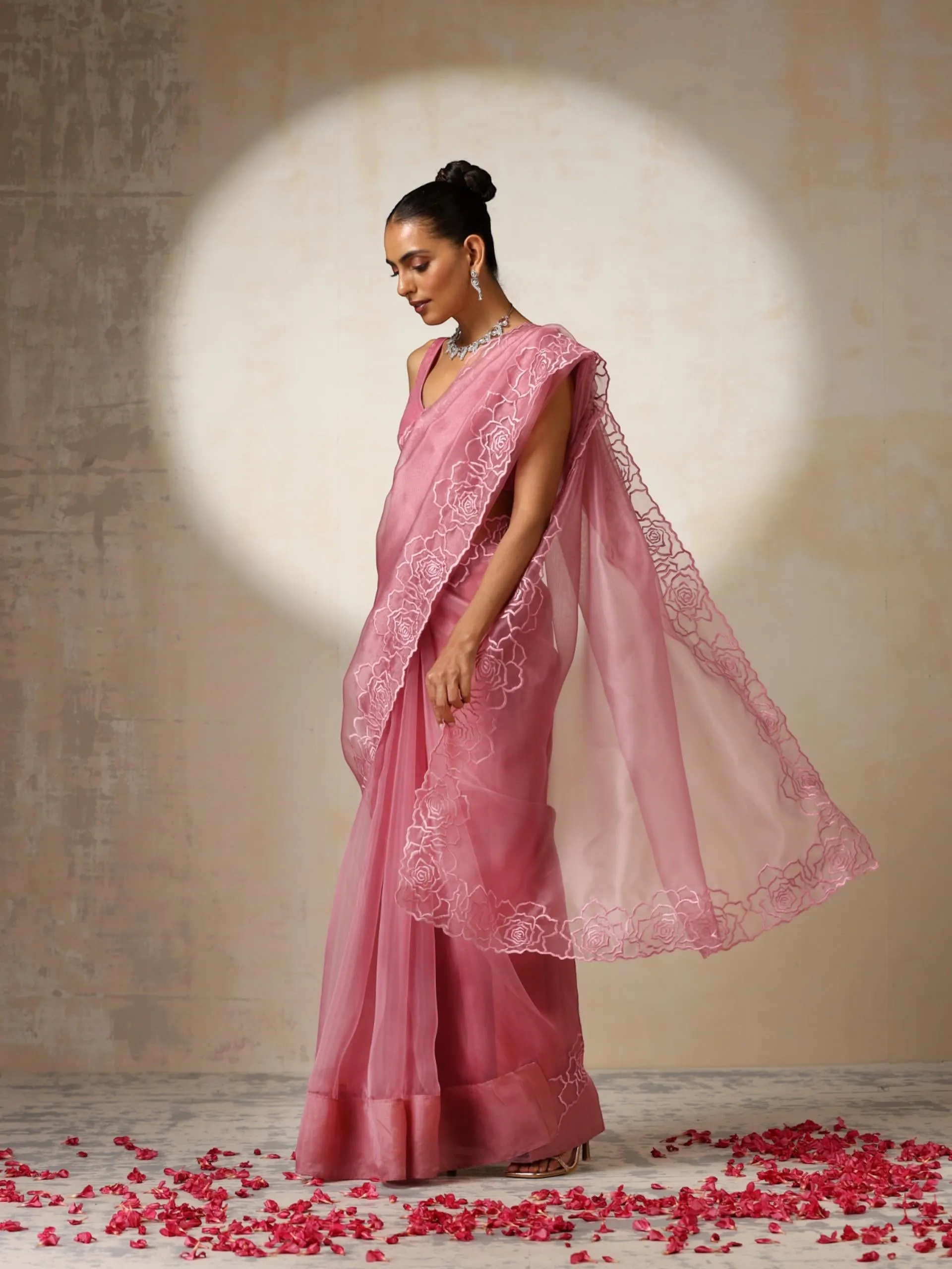 Pink Disney Princess Organza Saree with Embroidery and Blouse Fabric