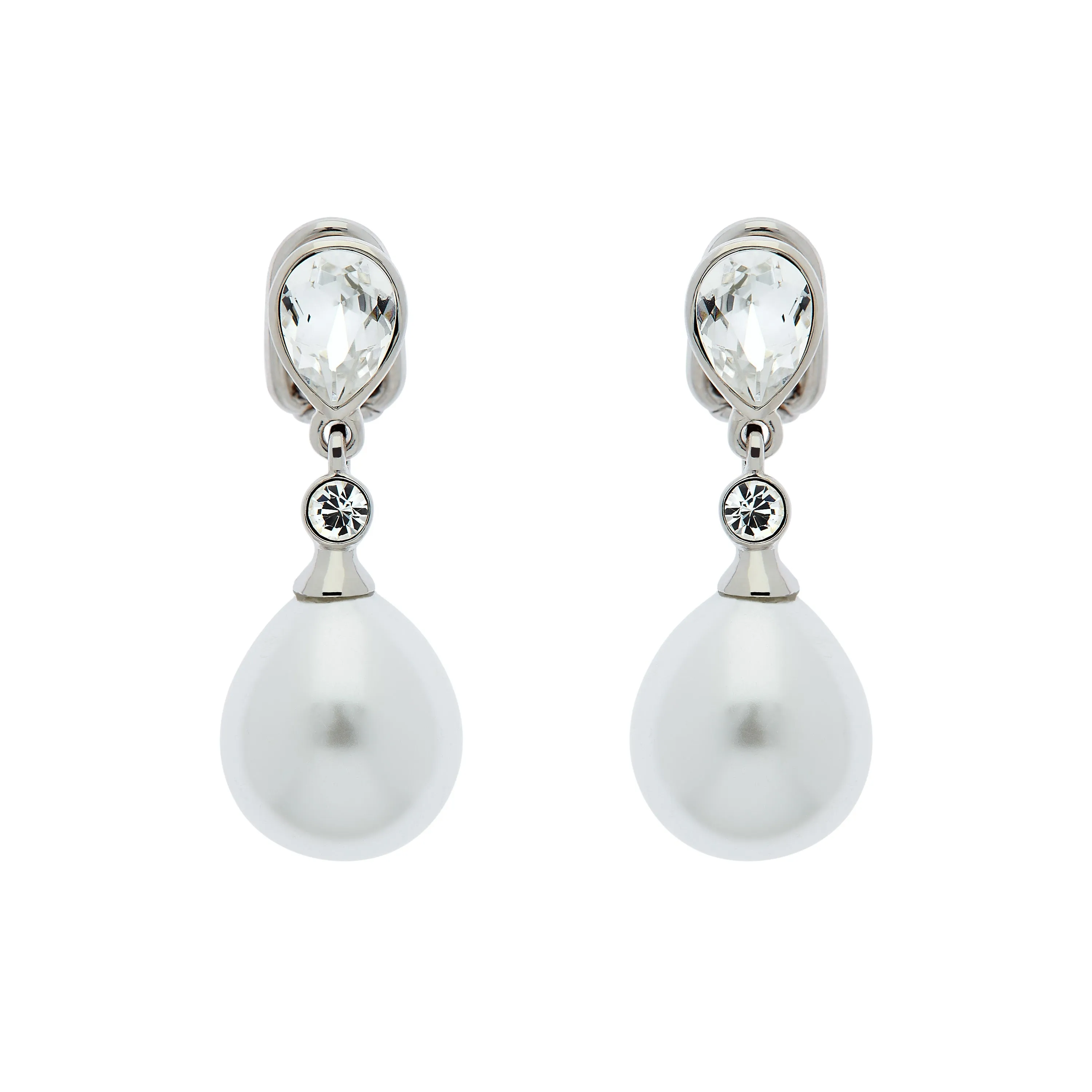 Platinum Crystal & Teardrop Pearl Clip Earrings