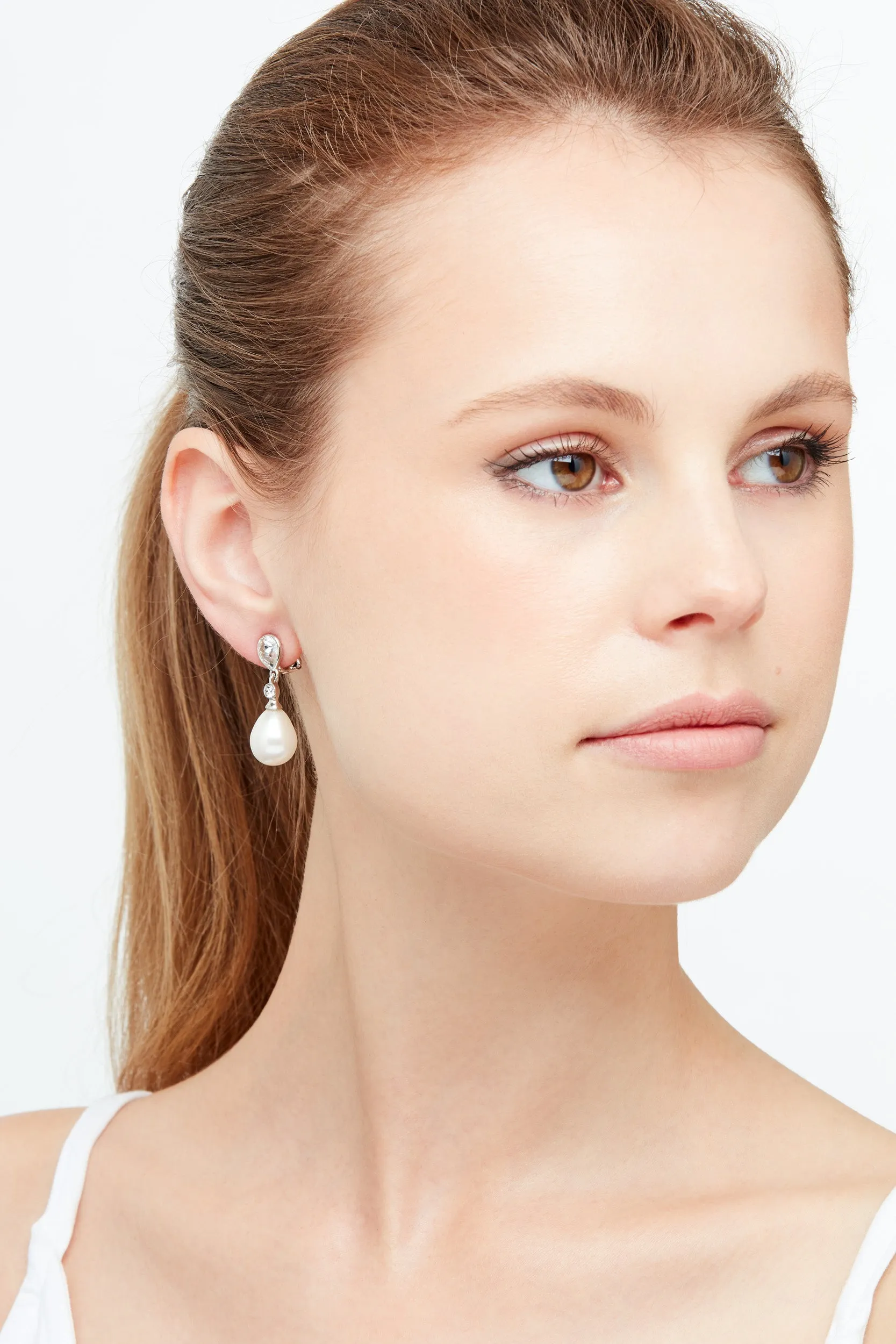 Platinum Crystal & Teardrop Pearl Clip Earrings