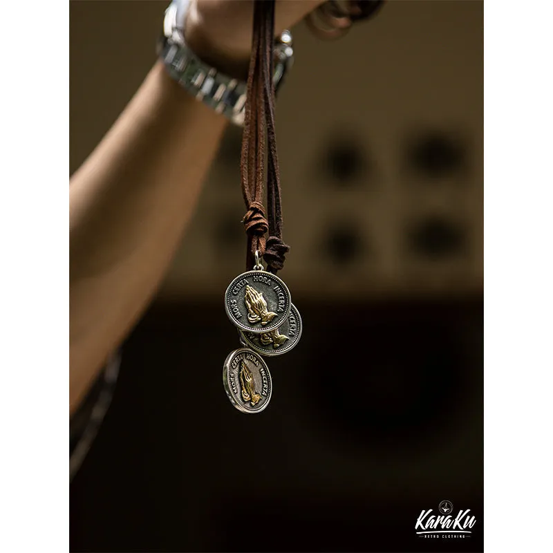 Prayer Hands Alloy Pendants Suede Cord Necklace