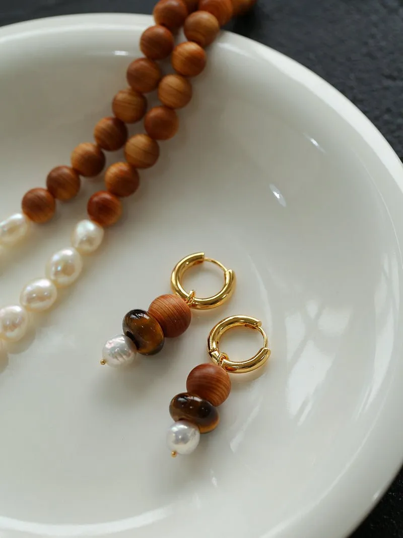 Primeval Forest Nature's Wood Bead Pearl Drop Earring