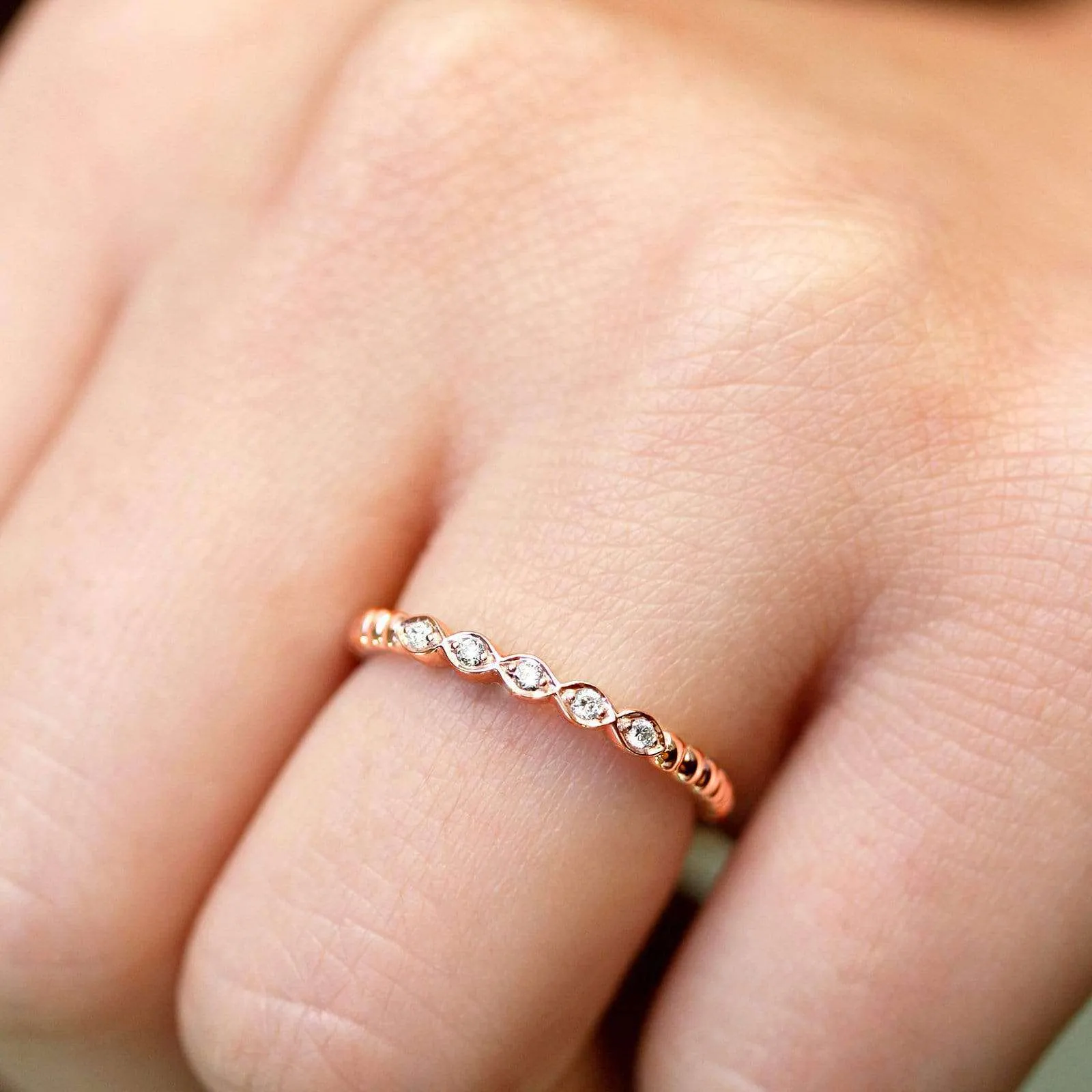 Ribbed Navette Line Diamond Ring, Rose Gold