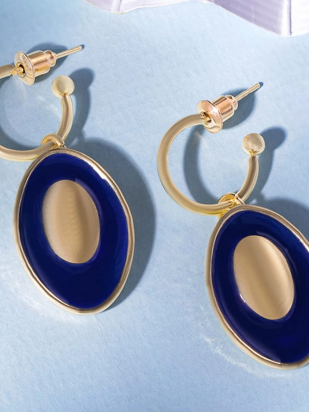 Rubans 18K Gold-Plated Oval Drop Earrings with Bold Blue Enamel Accents