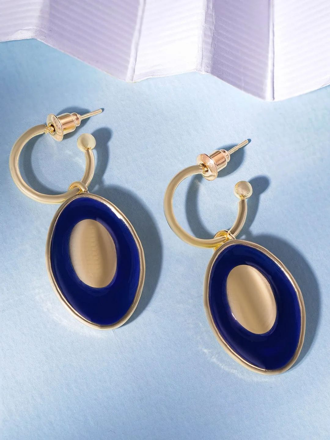 Rubans 18K Gold-Plated Oval Drop Earrings with Bold Blue Enamel Accents