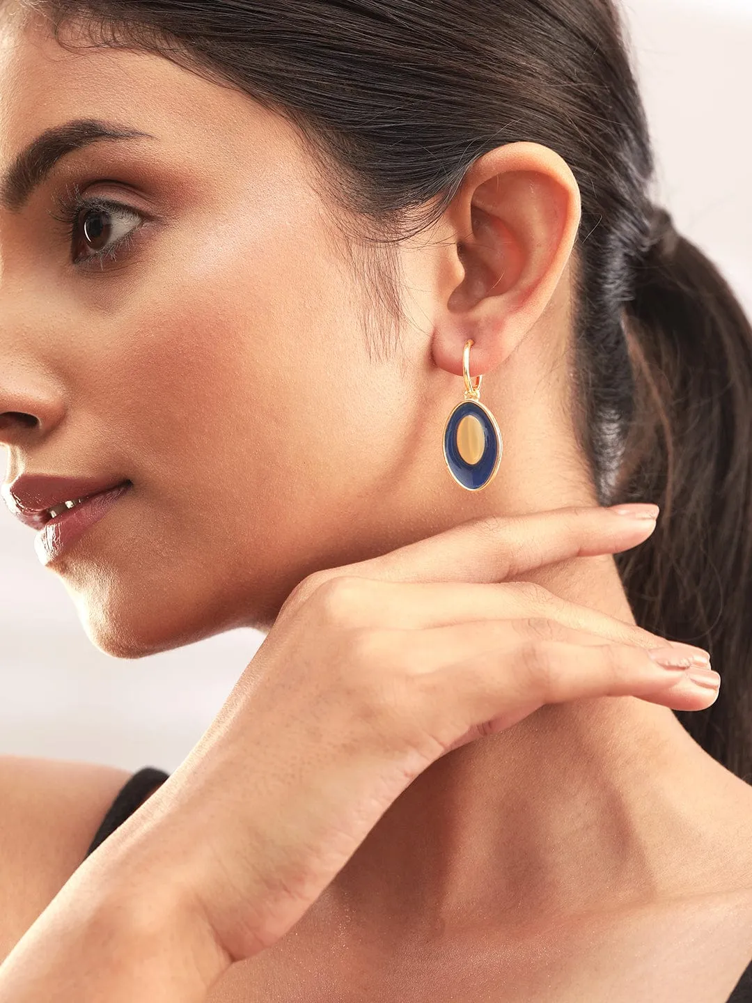 Rubans 18K Gold-Plated Oval Drop Earrings with Bold Blue Enamel Accents