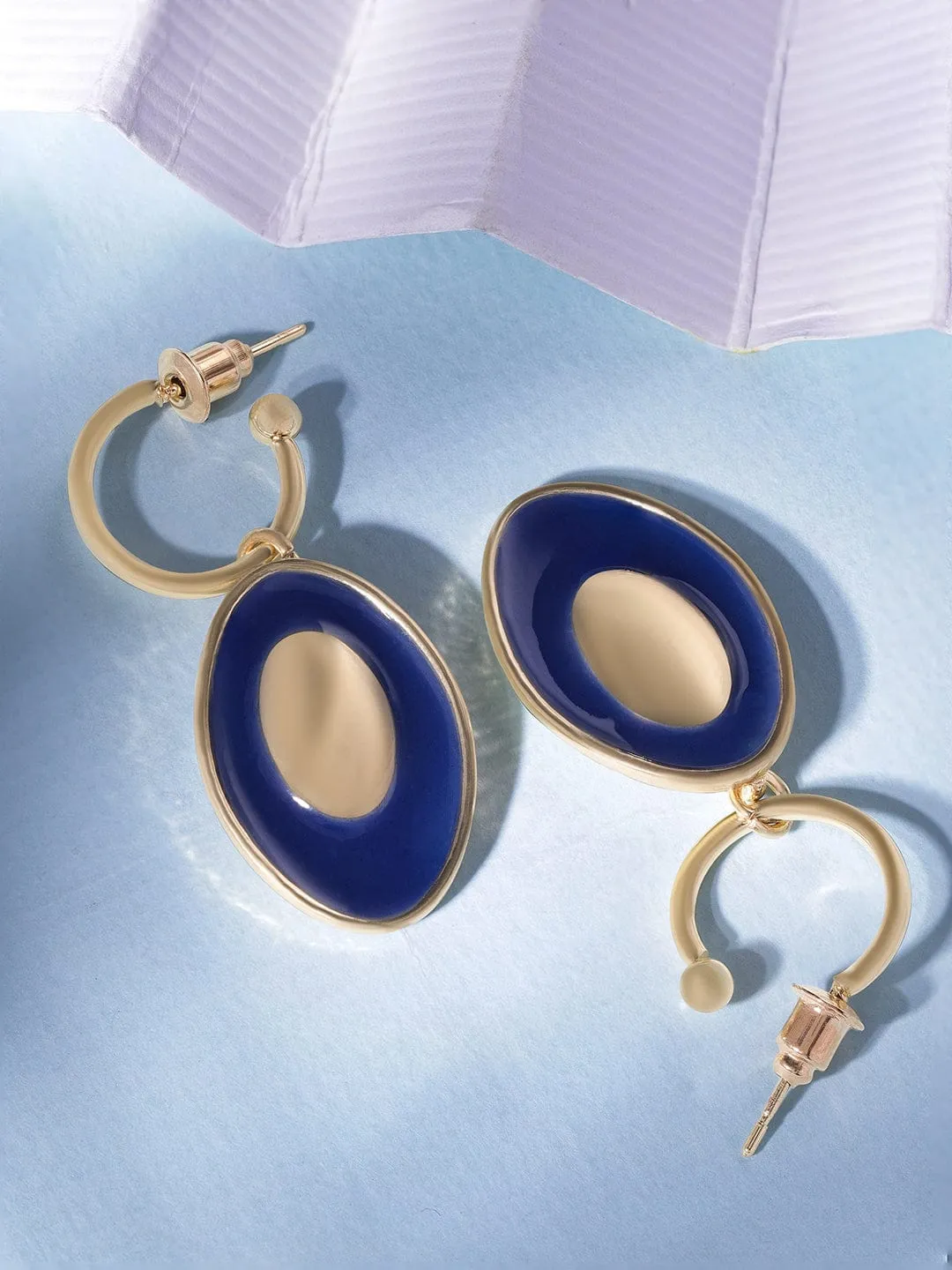 Rubans 18K Gold-Plated Oval Drop Earrings with Bold Blue Enamel Accents