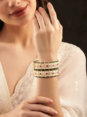 Rubans 24k Gold plated kundan & kemp studded green crystal with pearl beaded handcrafted bangles