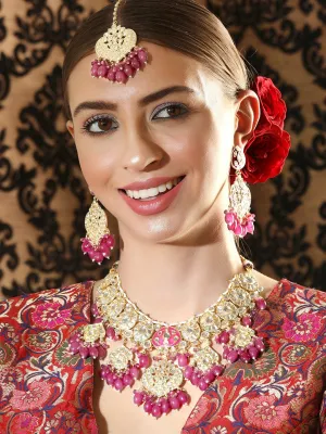 Rubans 24K Gold Plated Kundan Studded Pearl & Wine Shade Beaded Necklace, Earring & Maangtikka Set