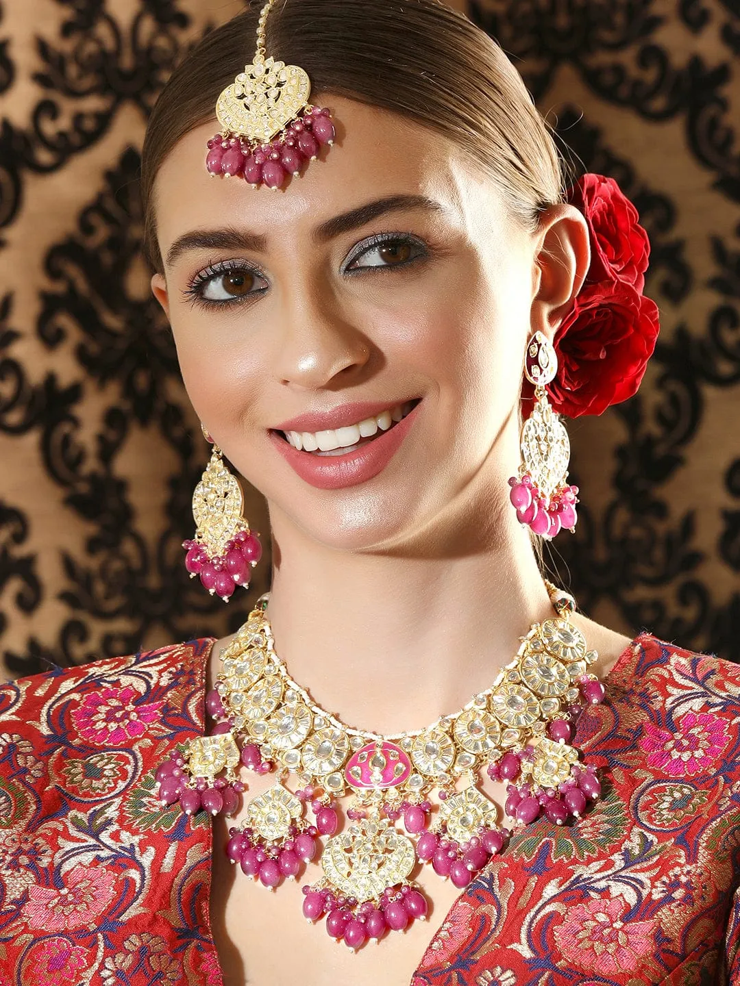 Rubans 24K Gold Plated Kundan Studded Pearl & Wine Shade Beaded Necklace, Earring & Maangtikka Set