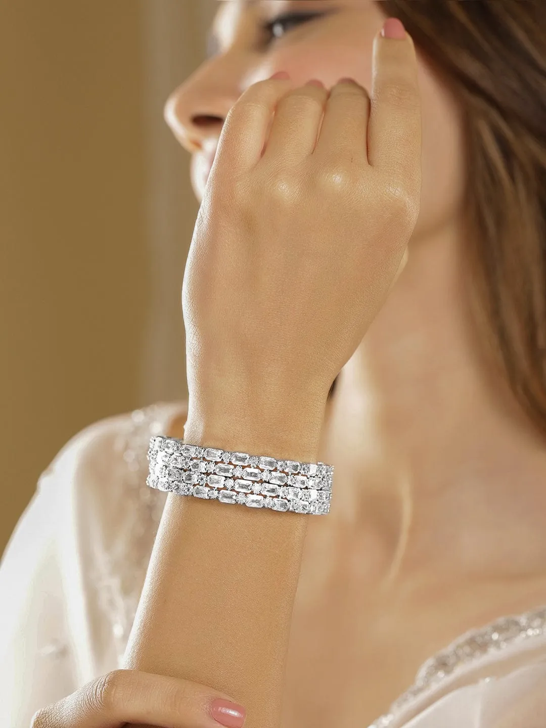 Rubans Set of 2 Rhodium-Plated Crystal White AD & Cubic Zirconia Studded Premium Bangles