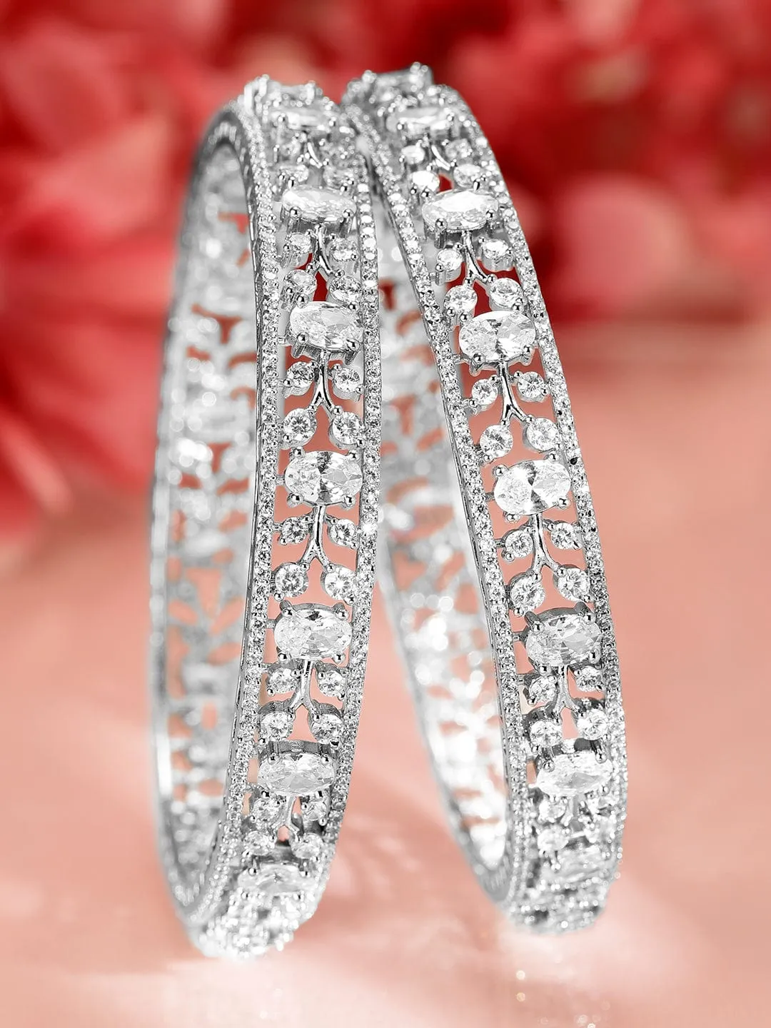 Rubans Set Of 2 Rhodium-Plated CZ Elegant Studded Bangles