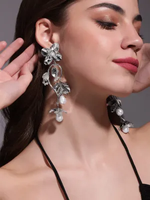 Rubans Voguish Eternal Bloom Silver Long Flower Chandelier Earrings