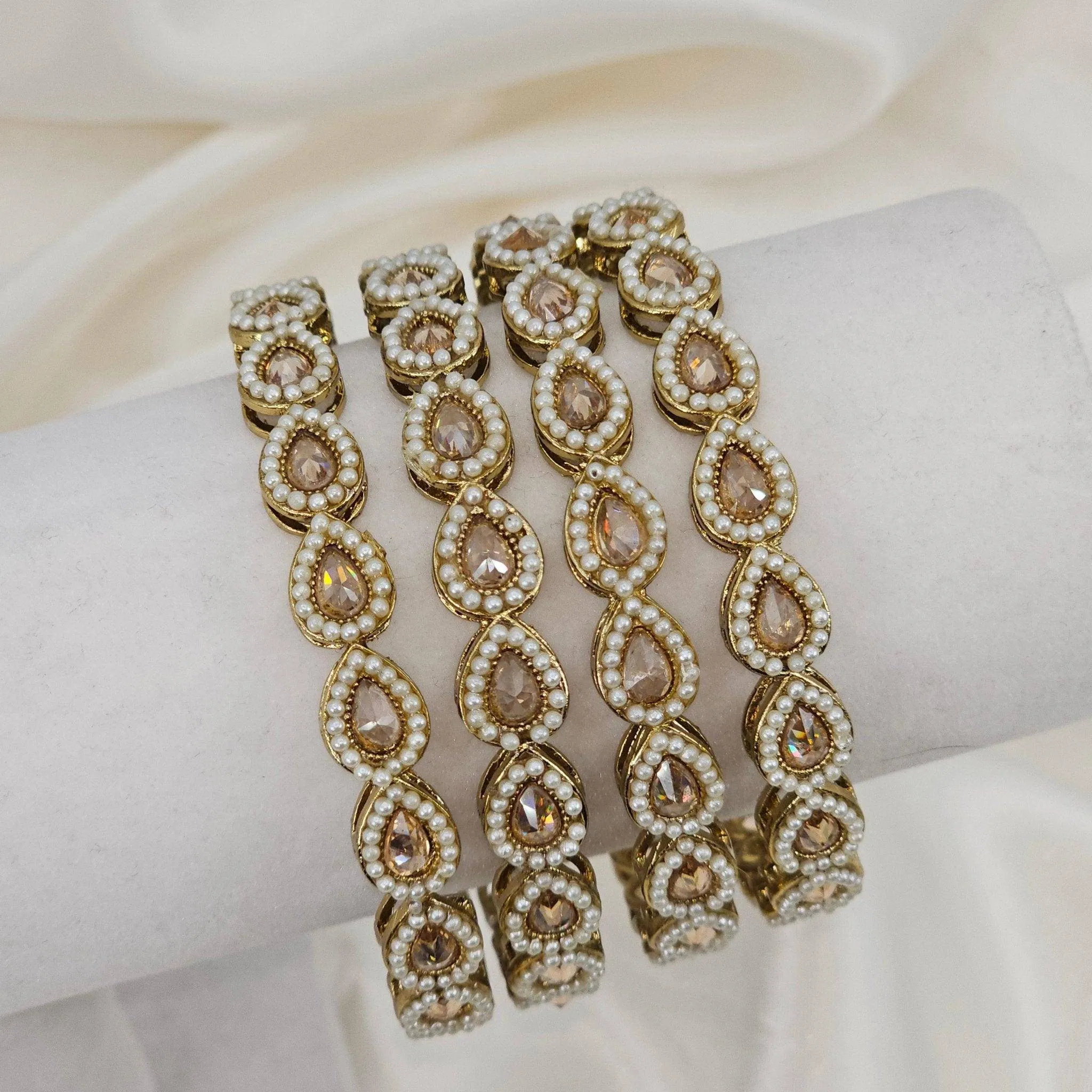 Saloni Set of 4 Polki Pearl Bangles - Golden