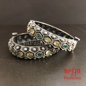 Sara Silver Oxidized Openable Bracelet Bangles/ Colored Stones Tribal Bangles