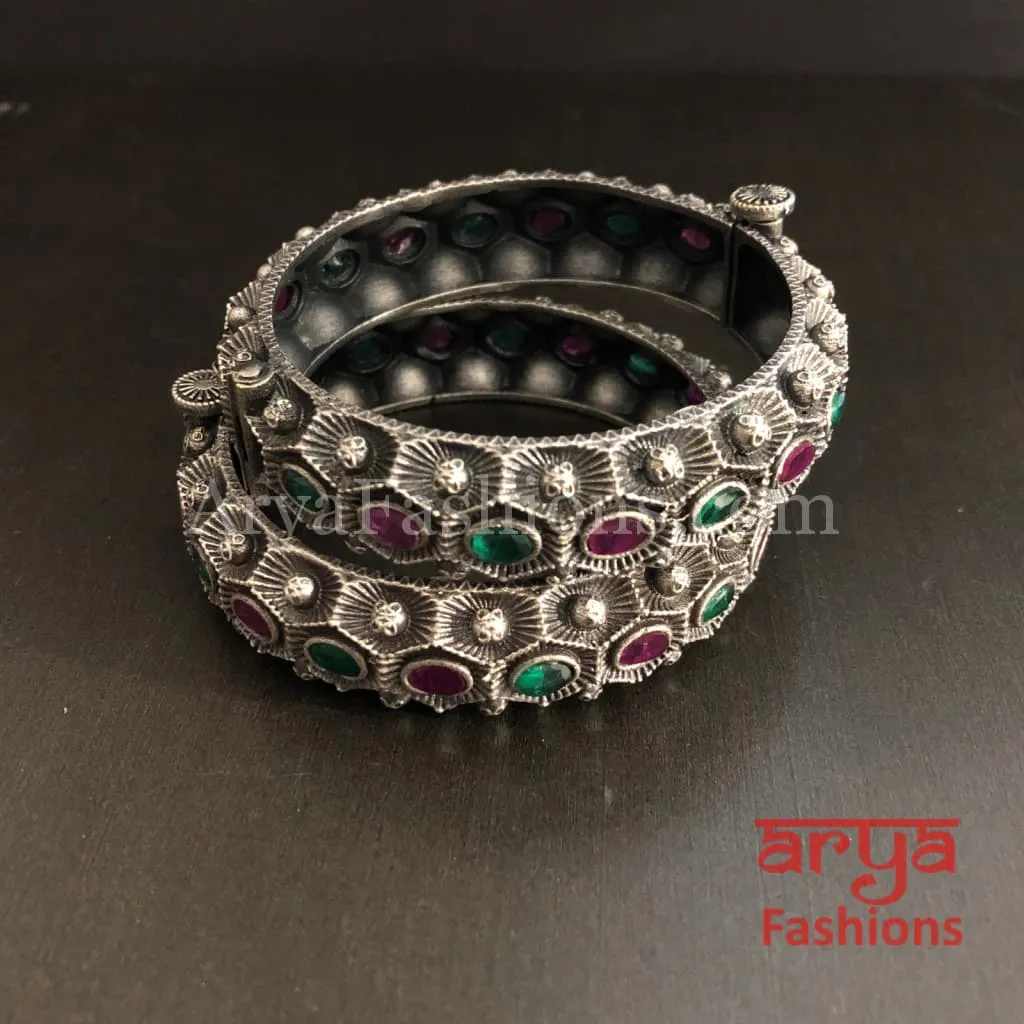 Sara Silver Oxidized Openable Bracelet Bangles/ Colored Stones Tribal Bangles