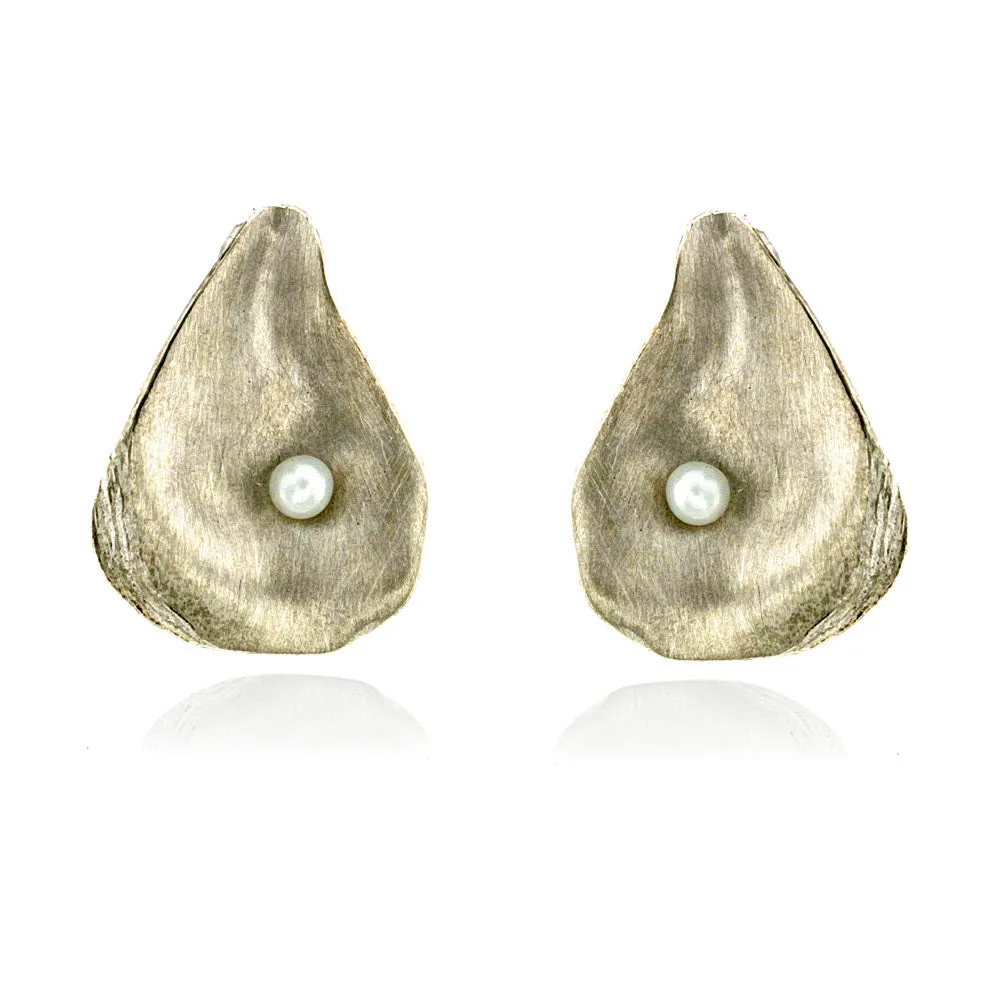 Satin-finish sterling silver and pearl oyster shell post earrings