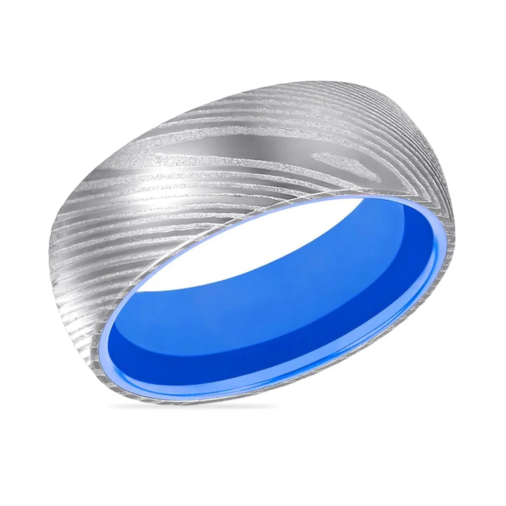 SMURF | Blue Ring, Silver Damascus Steel, Domed