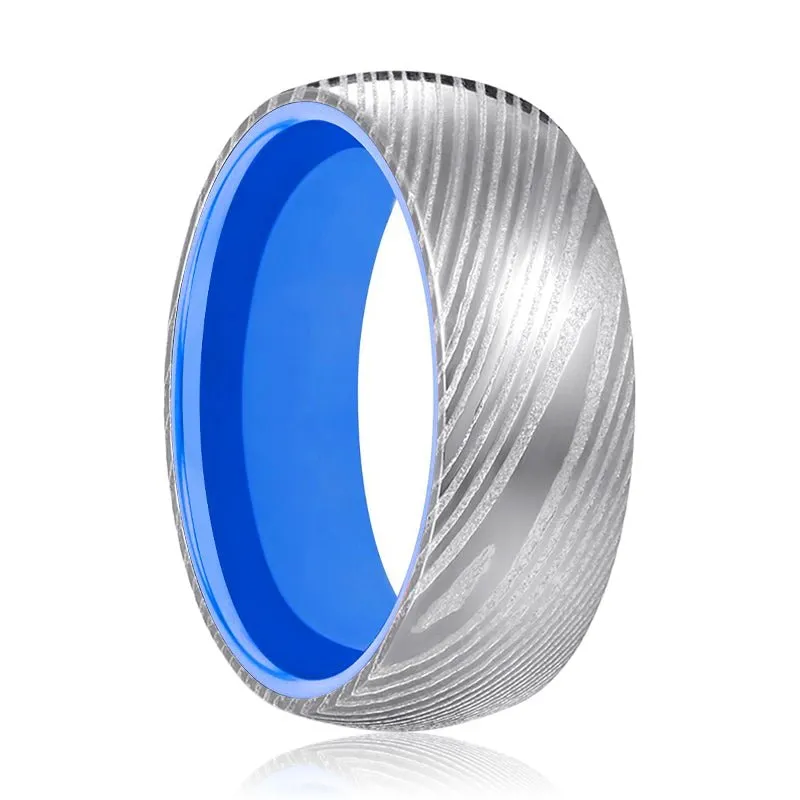 SMURF | Blue Ring, Silver Damascus Steel, Domed