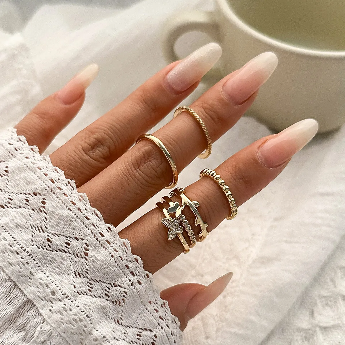 Stacked Moon and Star Ring Set with Small Butterfly and Full Diamond Geometric Cross Europe and United States Jewellery.