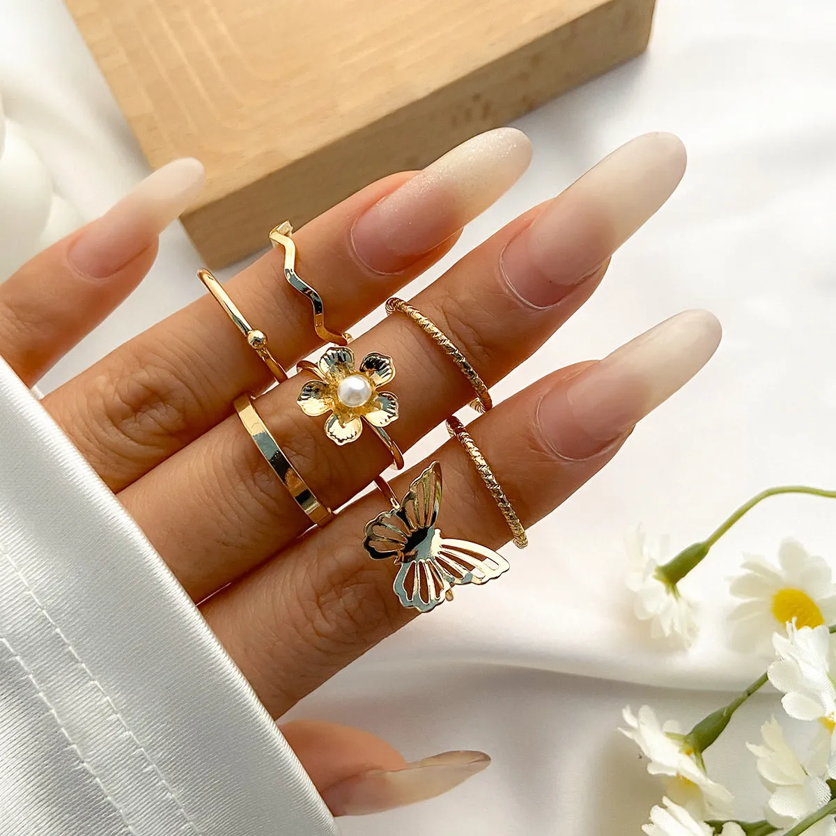 Stacked Moon and Star Ring Set with Small Butterfly and Full Diamond Geometric Cross Europe and United States Jewellery.