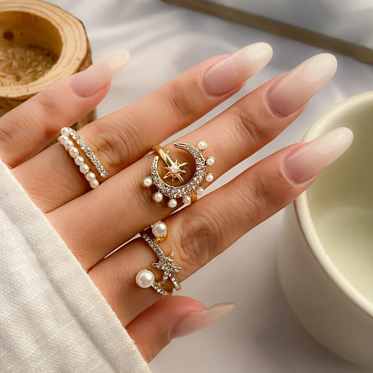 Stacked Moon and Star Ring Set with Small Butterfly and Full Diamond Geometric Cross Europe and United States Jewellery.