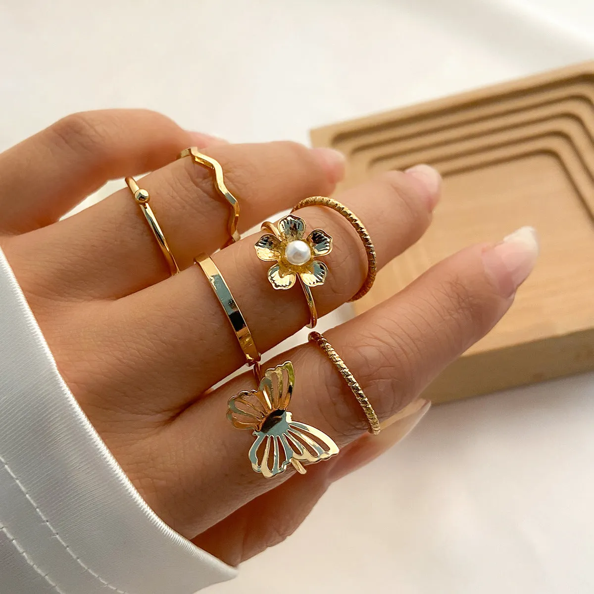 Stacked Moon and Star Ring Set with Small Butterfly and Full Diamond Geometric Cross Europe and United States Jewellery.