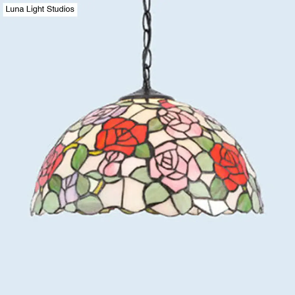 Stained Glass Rustic Tiffany Pendant Light: Multi Color Flower Hanging Light in Black Finish