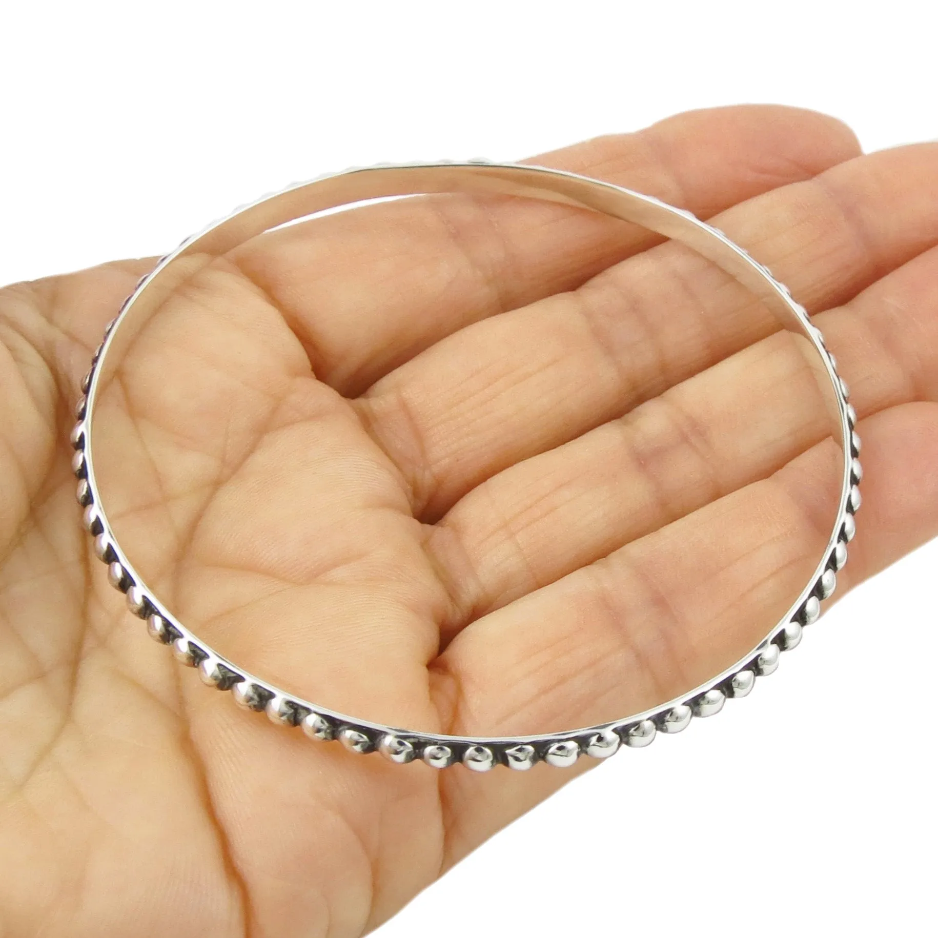 Sterling Silver Beaded Large Bangle