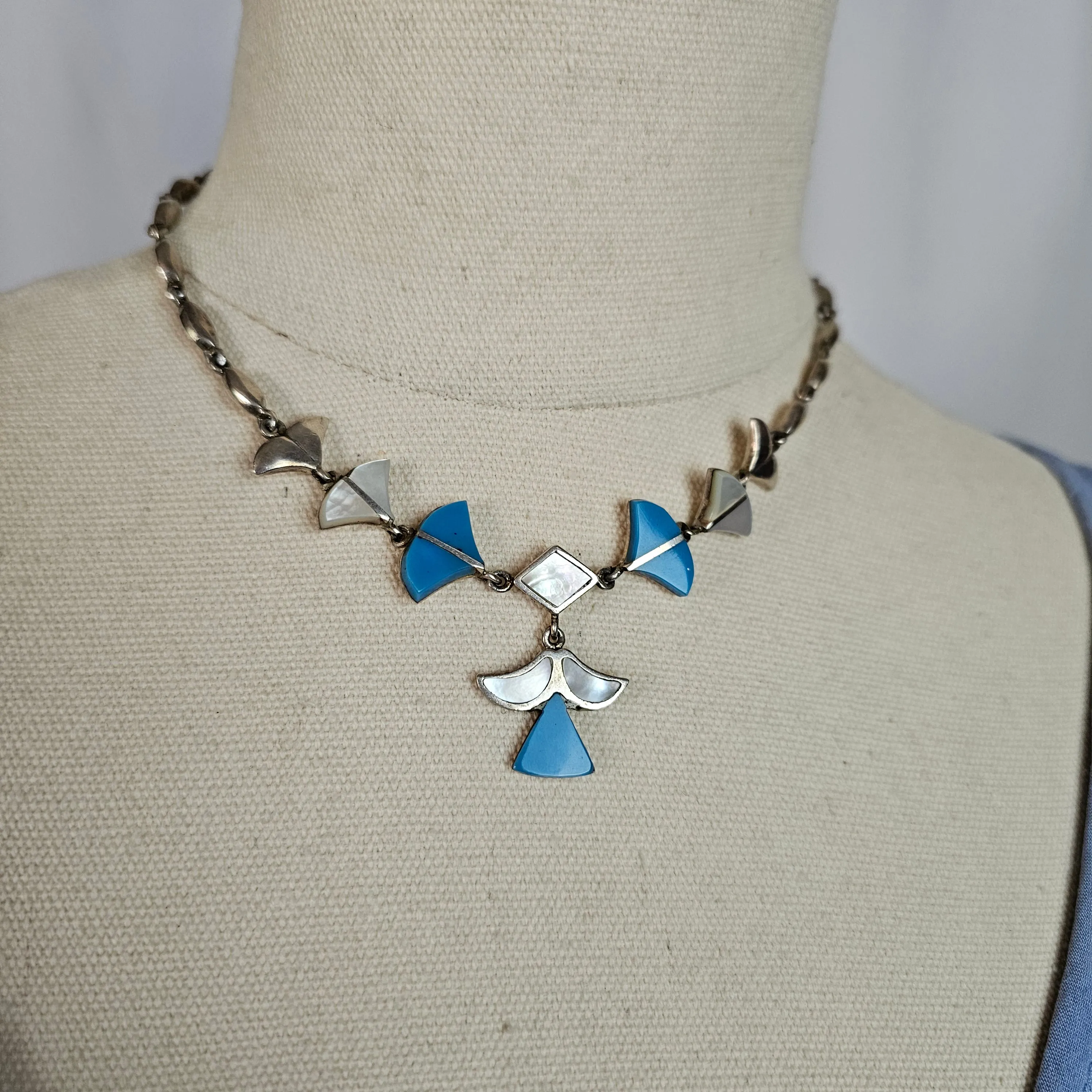 Sterling Silver Necklace Inlaid Turquoise & Mother Of Pearl Angel Drop Vintage