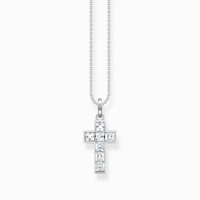 Sterling Silver White Stones Cross Necklace KE2166-051-14