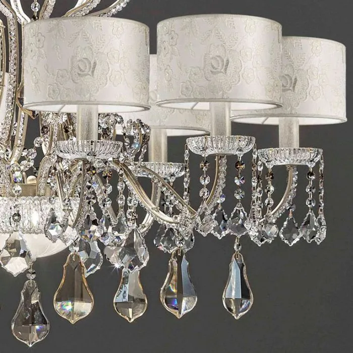 Ten Arm Crystal Chandelier With White Lace Shades