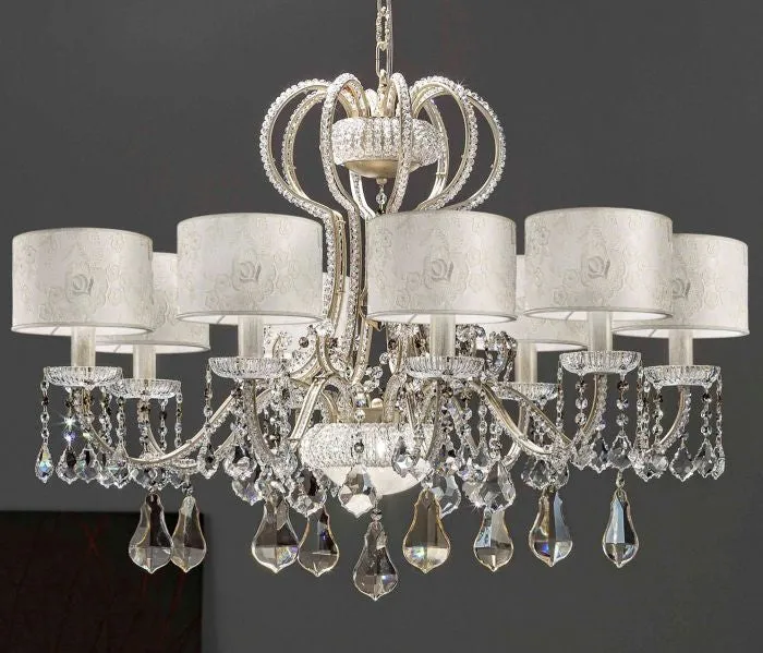 Ten Arm Crystal Chandelier With White Lace Shades