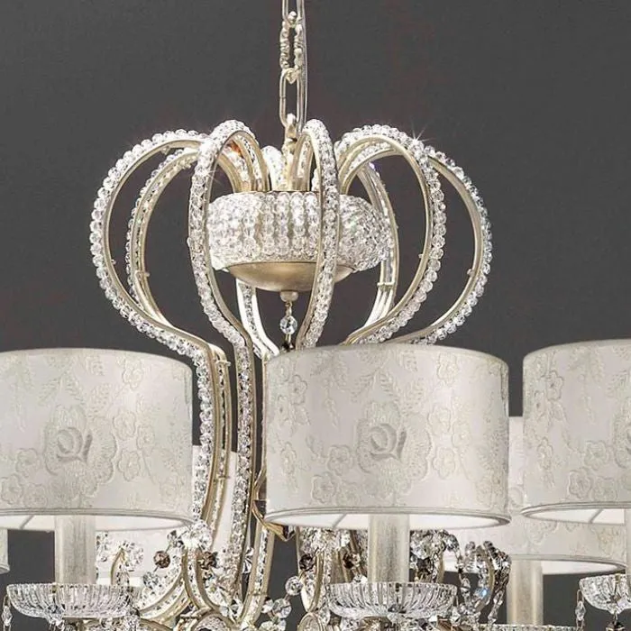 Ten Arm Crystal Chandelier With White Lace Shades