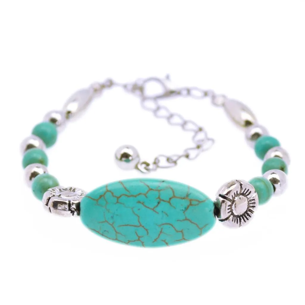 Tibetan Silver Color Turquoise Bracelets & Bangles Inlay Roundness Bead Nation Bohemian Bracelets For Women Fine Jewelry