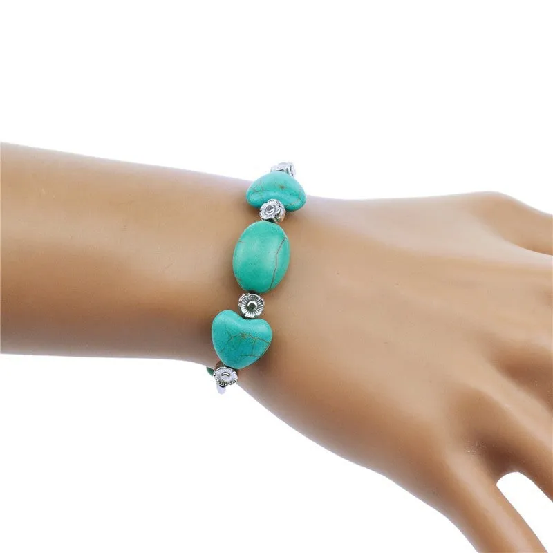 Tibetan Silver Color Turquoise Bracelets & Bangles Inlay Roundness Bead Nation Bohemian Bracelets For Women Fine Jewelry