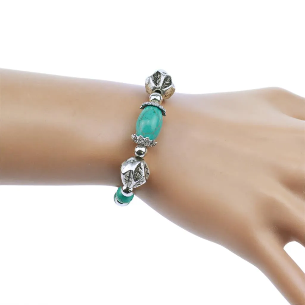 Tibetan Silver Color Turquoise Bracelets & Bangles Inlay Roundness Bead Nation Bohemian Bracelets For Women Fine Jewelry