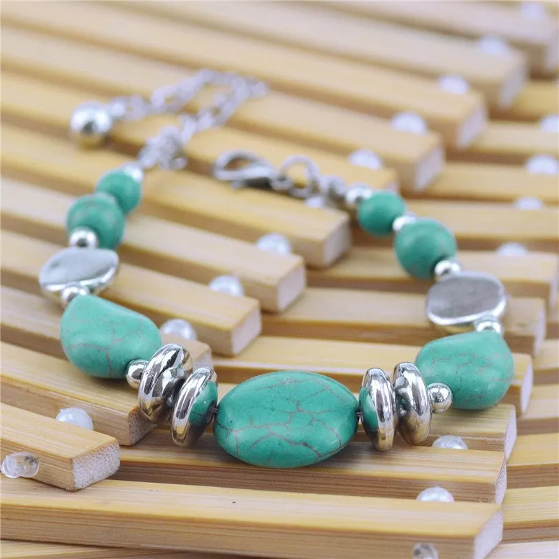 Tibetan Silver Color Turquoise Bracelets & Bangles Inlay Roundness Bead Nation Bohemian Bracelets For Women Fine Jewelry