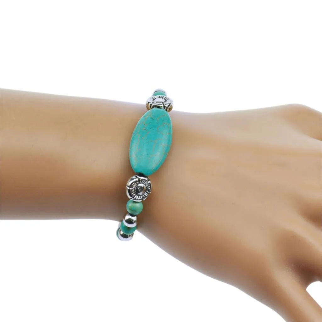 Tibetan Silver Color Turquoise Bracelets & Bangles Inlay Roundness Bead Nation Bohemian Bracelets For Women Fine Jewelry