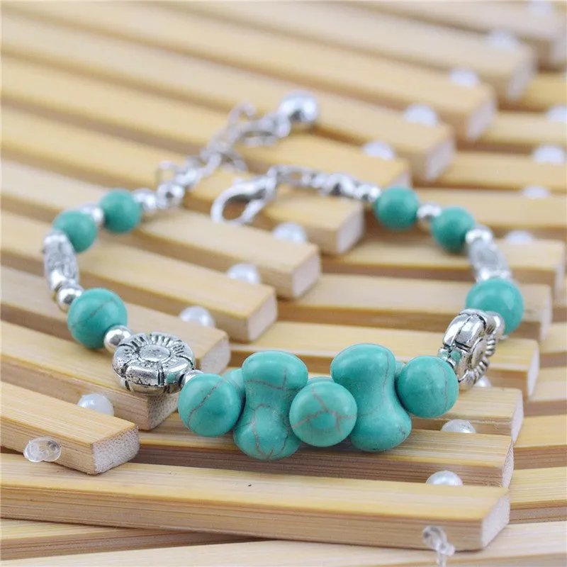 Tibetan Silver Color Turquoise Bracelets & Bangles Inlay Roundness Bead Nation Bohemian Bracelets For Women Fine Jewelry