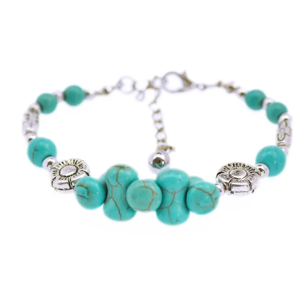 Tibetan Silver Color Turquoise Bracelets & Bangles Inlay Roundness Bead Nation Bohemian Bracelets For Women Fine Jewelry