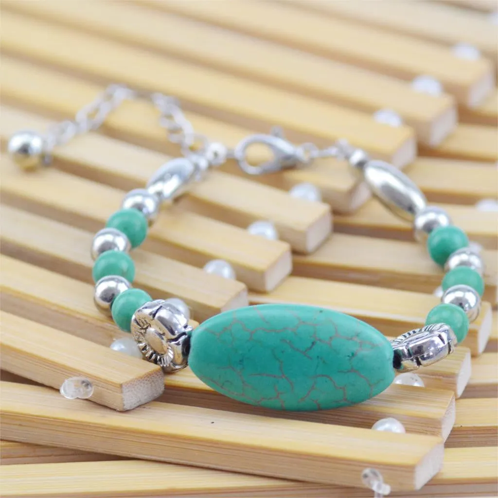 Tibetan Silver Color Turquoise Bracelets & Bangles Inlay Roundness Bead Nation Bohemian Bracelets For Women Fine Jewelry