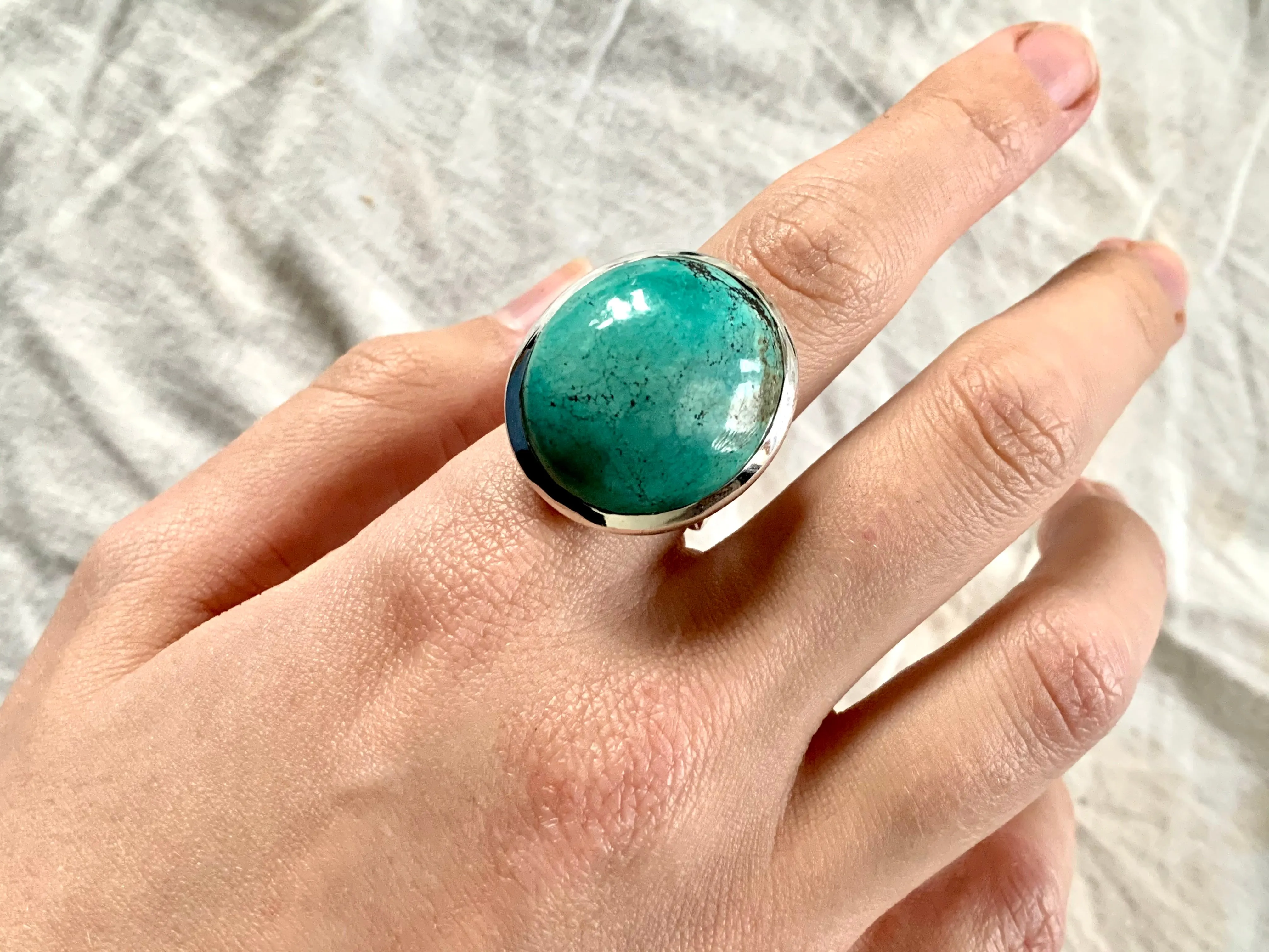 Tibetan Turquoise Adjustable Ring - Large Round