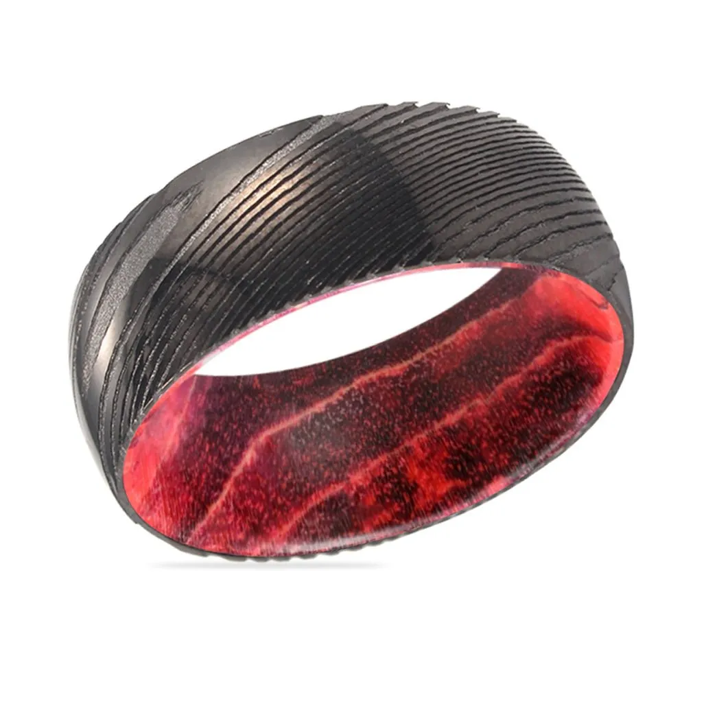 TRIMAX | Black & Red Wood, Gunmetal Damascus Steel Ring, Domed